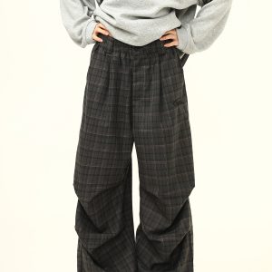 Retro Plaid Pleated Pants for Women - Loose Drape Casual Style, Trendy Versatile Bottoms, 90s Inspired Fashion
