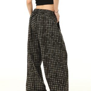 Retro Plaid Wide-Leg Casual Pants with Elastic Waist and Drawstring - Trendy Loose Drape Trousers for Y2K Style
