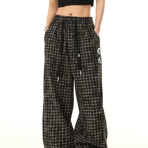 Retro Plaid Wide-Leg Casual Pants with Elastic Waist and Drawstring - Trendy Loose Drape Trousers for Y2K Style
