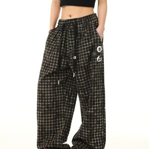 Retro Plaid Wide-Leg Casual Pants with Elastic Waist and Drawstring - Trendy Loose Drape Trousers for Y2K Style