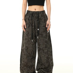 Retro Plaid Wide-Leg Casual Pants with Elastic Waist and Drawstring - Trendy Loose Drape Trousers for Y2K Style