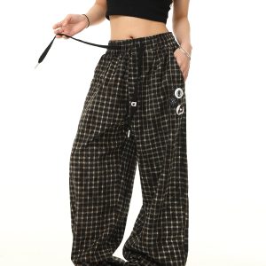 Retro Plaid Wide-Leg Casual Pants with Elastic Waist and Drawstring - Trendy Loose Drape Trousers for Y2K Style
