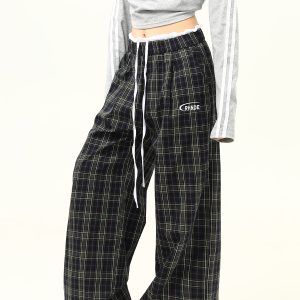 Retro Plaid Wide-Leg Double-Waist Casual Pants for Women - Loose Straight Floor-Length Trousers, Y2K Style