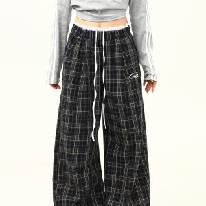 Retro Plaid Wide-Leg Double-Waist Casual Pants for Women - Loose Straight Floor-Length Trousers, Y2K Style