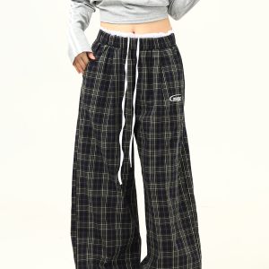 Retro Plaid Wide-Leg Double-Waist Casual Pants for Women - Loose Straight Floor-Length Trousers, Y2K Style