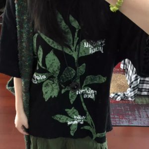 Retro Plant-Themed Korean Style Casual Loose Fit Cotton Summer Short Sleeve T-Shirt