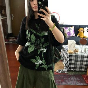 Retro Plant-Themed Korean Style Casual Loose Fit Cotton Summer Short Sleeve T-Shirt