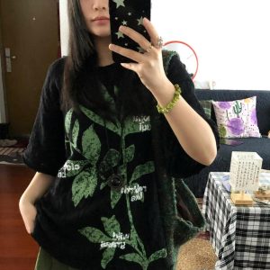 Retro Plant-Themed Korean Style Casual Loose Fit Cotton Summer Short Sleeve T-Shirt