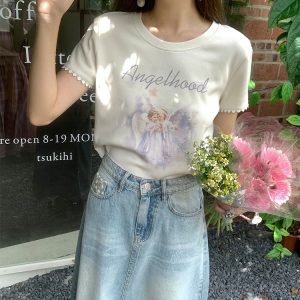 Retro Printed Short Sleeve T-Shirt for Women - Midsummer Southern Star Design, Thin Lace Round Neck, Summer Style