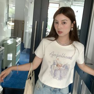 Retro Printed Short Sleeve T-Shirt for Women - Midsummer Southern Star Design, Thin Lace Round Neck, Summer Style