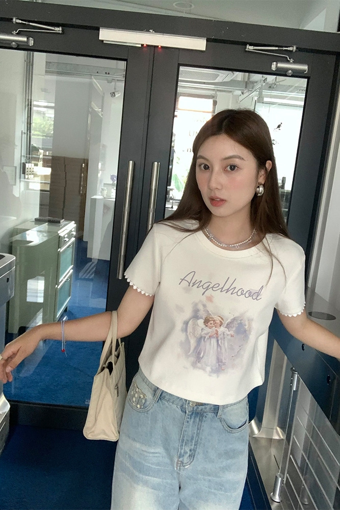 Retro Printed Short Sleeve T-Shirt for Women - Midsummer Southern Star Design, Thin Lace Round Neck, Summer Style Retro Printed Short Sleeve T-Shirt for Women - Midsummer Southern Star Design, Thin Lace Round Neck, Summer Style