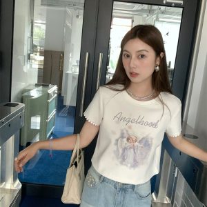 Retro Printed Short Sleeve T-Shirt for Women - Midsummer Southern Star Design, Thin Lace Round Neck, Summer Style