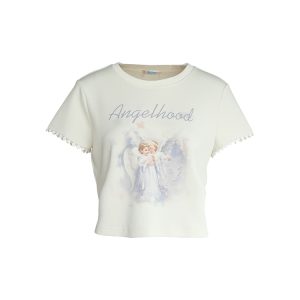 Retro Printed Short Sleeve T-Shirt for Women - Midsummer Southern Star Design, Thin Lace Round Neck, Summer Style