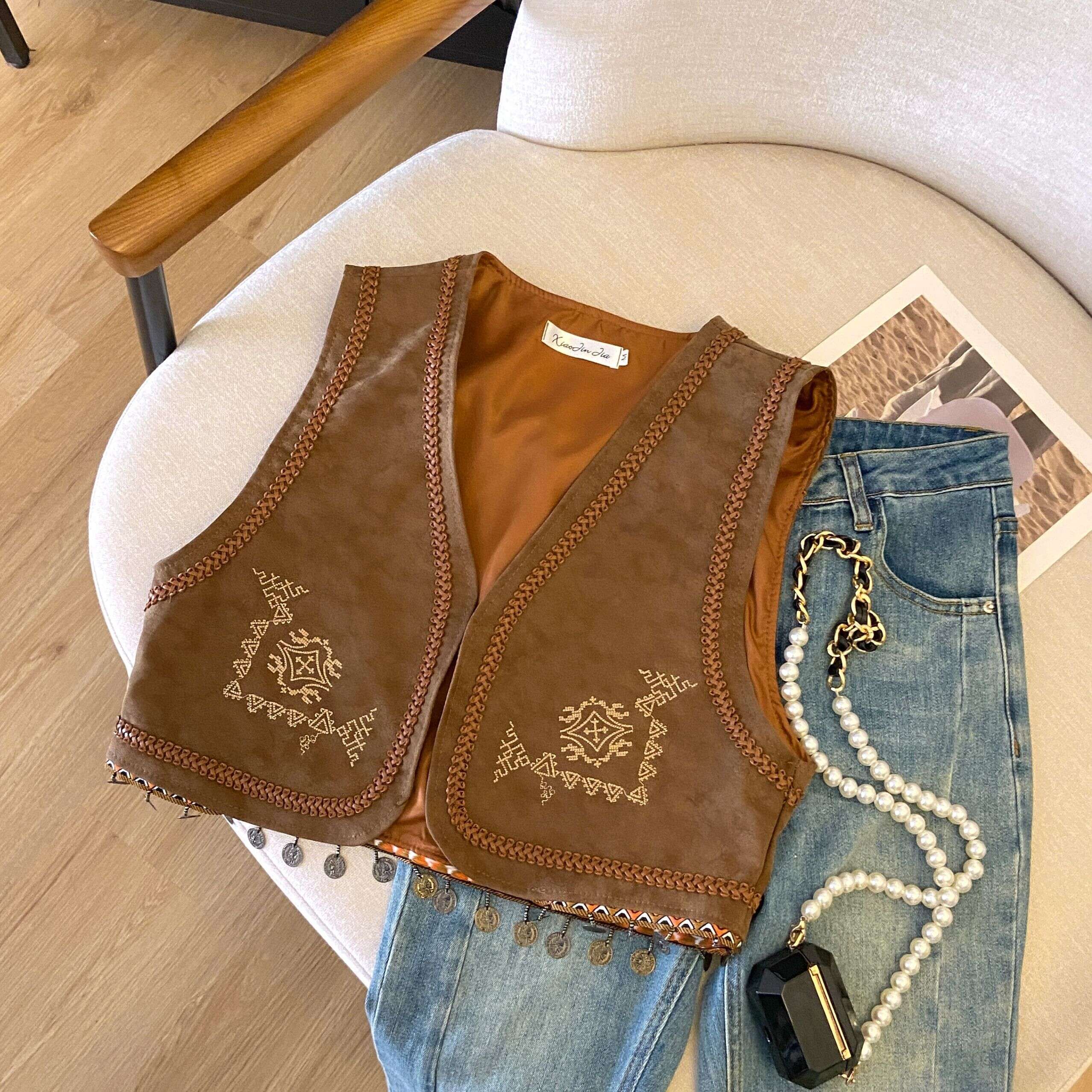 Retro PU Leather Embroidered Tassel Vest Jacket for Women - Loose Short Layered Style for Travel, Inspired by Hong Kong and Xinjiang