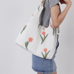 Retro Purple Floral Tulip Tote Bag for Women - Large Capacity Summer Commuter Bag, Fashionable Versatile Y2K Style