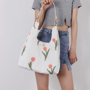 Retro Purple Floral Tulip Tote Bag for Women - Large Capacity Summer Commuter Bag, Fashionable Versatile Y2K Style