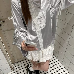 Retro Revival American Lace Bow Long Sleeve T-Shirt - Women's Jersey Sports Style Satin Top for Y2K Fashion