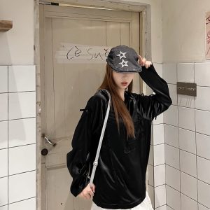 Retro Revival American Lace Bow Long Sleeve T-Shirt - Women's Jersey Sports Style Satin Top for Y2K Fashion