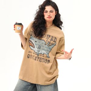 Retro Shark Patch Embroidered Short Sleeve T-Shirt for Women - American Style Summer Versatile Top