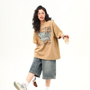 Retro Shark Patch Embroidered Short Sleeve T-Shirt for Women - American Style Summer Versatile Top