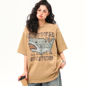 Retro Shark Patch Embroidered Short Sleeve T-Shirt for Women - American Style Summer Versatile Top