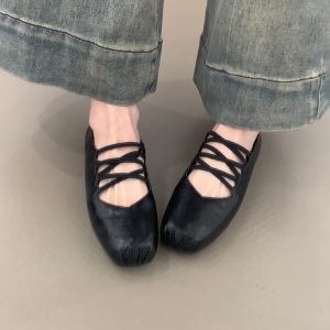 Retro Sheepskin Cross-Strap Flat Shoes with Square Toe & Pig Nose - Women's Ballet Flats, Shallow Mouth Mary Jane Style