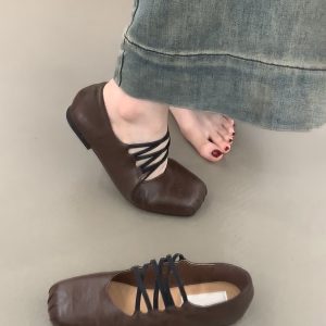 Retro Sheepskin Cross-Strap Flat Shoes with Square Toe & Pig Nose - Women's Ballet Flats, Shallow Mouth Mary Jane Style