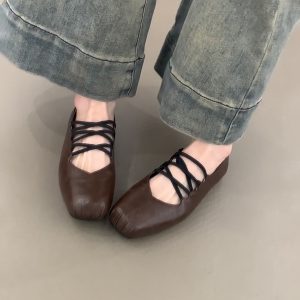 Retro Sheepskin Cross-Strap Flat Shoes with Square Toe & Pig Nose - Women's Ballet Flats, Shallow Mouth Mary Jane Style