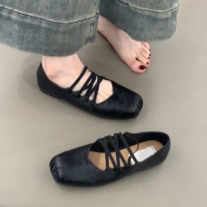 Retro Sheepskin Cross-Strap Flat Shoes with Square Toe & Pig Nose - Women's Ballet Flats, Shallow Mouth Mary Jane Style