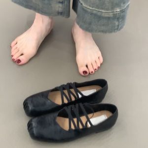 Retro Sheepskin Cross-Strap Flat Shoes with Square Toe & Pig Nose - Women's Ballet Flats, Shallow Mouth Mary Jane Style