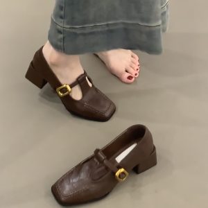 Retro Sheepskin High-Heeled Mary Jane Shoes - Square Toe, Chunky Heel, One-Strap Buckle, Elegant Commuter Style for Women