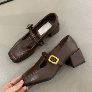 Retro Sheepskin High-Heeled Mary Jane Shoes - Square Toe, Chunky Heel, One-Strap Buckle, Elegant Commuter Style for Women