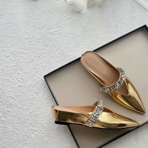 Retro Sheepskin One-Strap Rhinestone Open-Toe Slippers for Women - Summer Flat Pointed Footwear in Zhao Lusi Style
