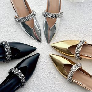 Retro Sheepskin One-Strap Rhinestone Open-Toe Slippers for Women - Summer Flat Pointed Footwear in Zhao Lusi Style