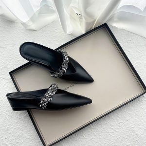 Retro Sheepskin One-Strap Rhinestone Open-Toe Slippers for Women - Summer Flat Pointed Footwear in Zhao Lusi Style