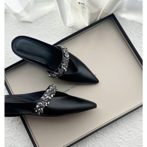 Retro Sheepskin One-Strap Rhinestone Open-Toe Slippers for Women - Summer Flat Pointed Footwear in Zhao Lusi Style