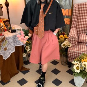 Retro Short Sleeve Shirt for Couples - Handmade Hong Kong Style, Solid Color, Loose Fit, Summer Casual Fashion