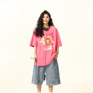 Retro Street Clown Print Loose Vintage Pink T-Shirt for Women - Short Sleeve, 90s Inspired Fashion, Casual Chic Style