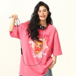 Retro Street Clown Print Loose Vintage Pink T-Shirt for Women - Short Sleeve, 90s Inspired Fashion, Casual Chic Style