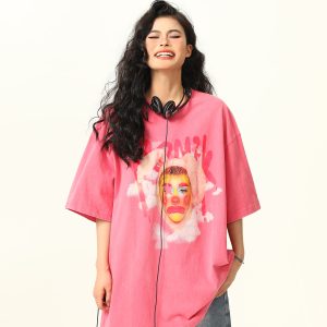 Retro Street Clown Print Loose Vintage Pink T-Shirt for Women - Short Sleeve, 90s Inspired Fashion, Casual Chic Style