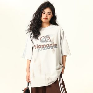 Retro Street Graffiti Letter Short-Sleeve T-Shirt for Men and Women, Loose Fit High Street Trendy Top, 90s Inspired Fashion