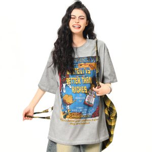 Retro Street Print Washed Short-Sleeve T-Shirt for Men and Women - Versatile Summer Couple Top, Trendy 90s American Style