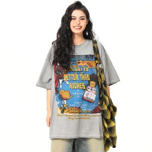 Retro Street Print Washed Short-Sleeve T-Shirt for Men and Women - Versatile Summer Couple Top, Trendy 90s American Style