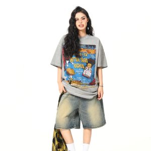 Retro Street Print Washed Short-Sleeve T-Shirt for Men and Women - Versatile Summer Couple Top, Trendy 90s American Style