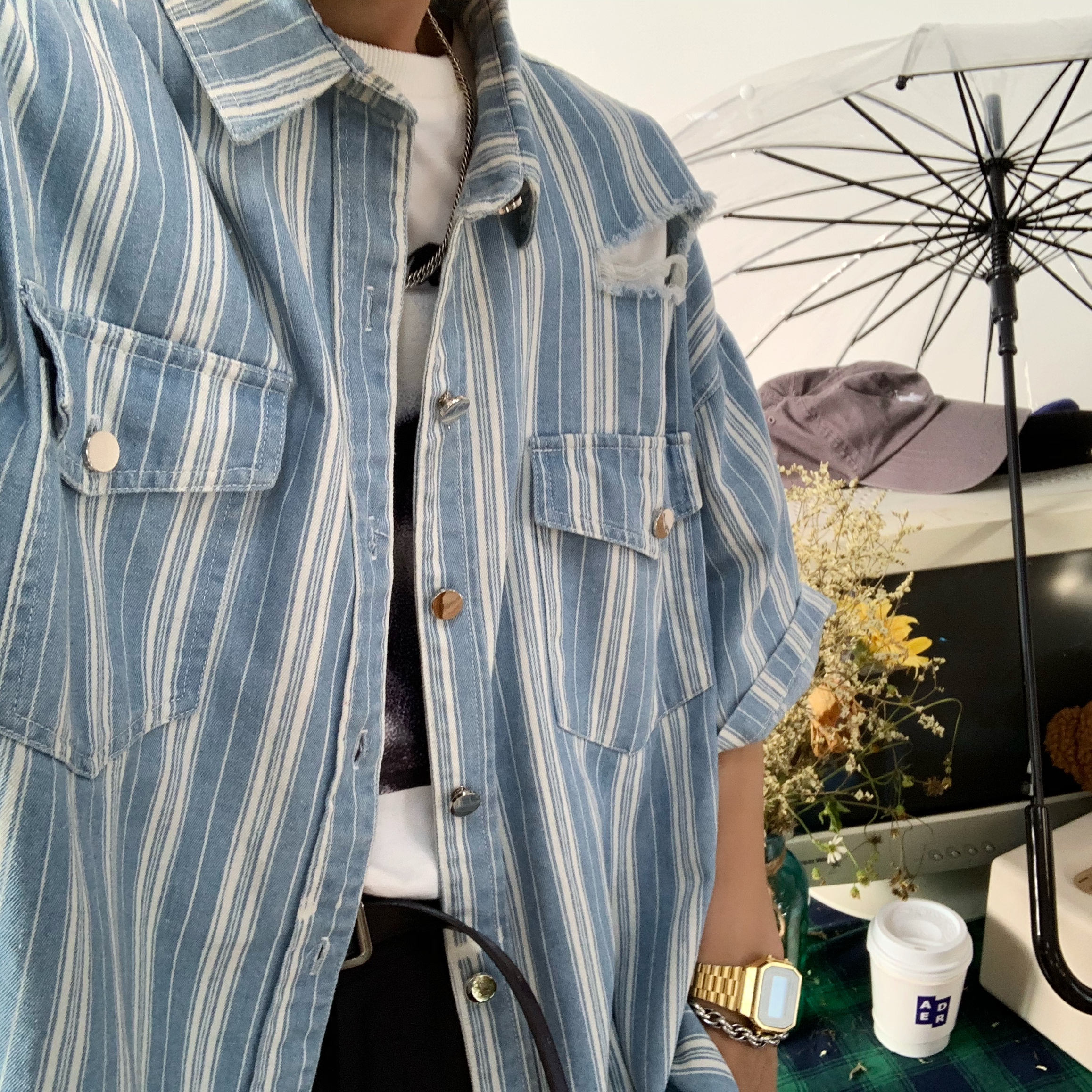 Retro Striped Denim Top - Handmade Loose Fit Shirt with Ripped Short Sleeves, Summer Hong Kong Style, Trendy 90s Vibe