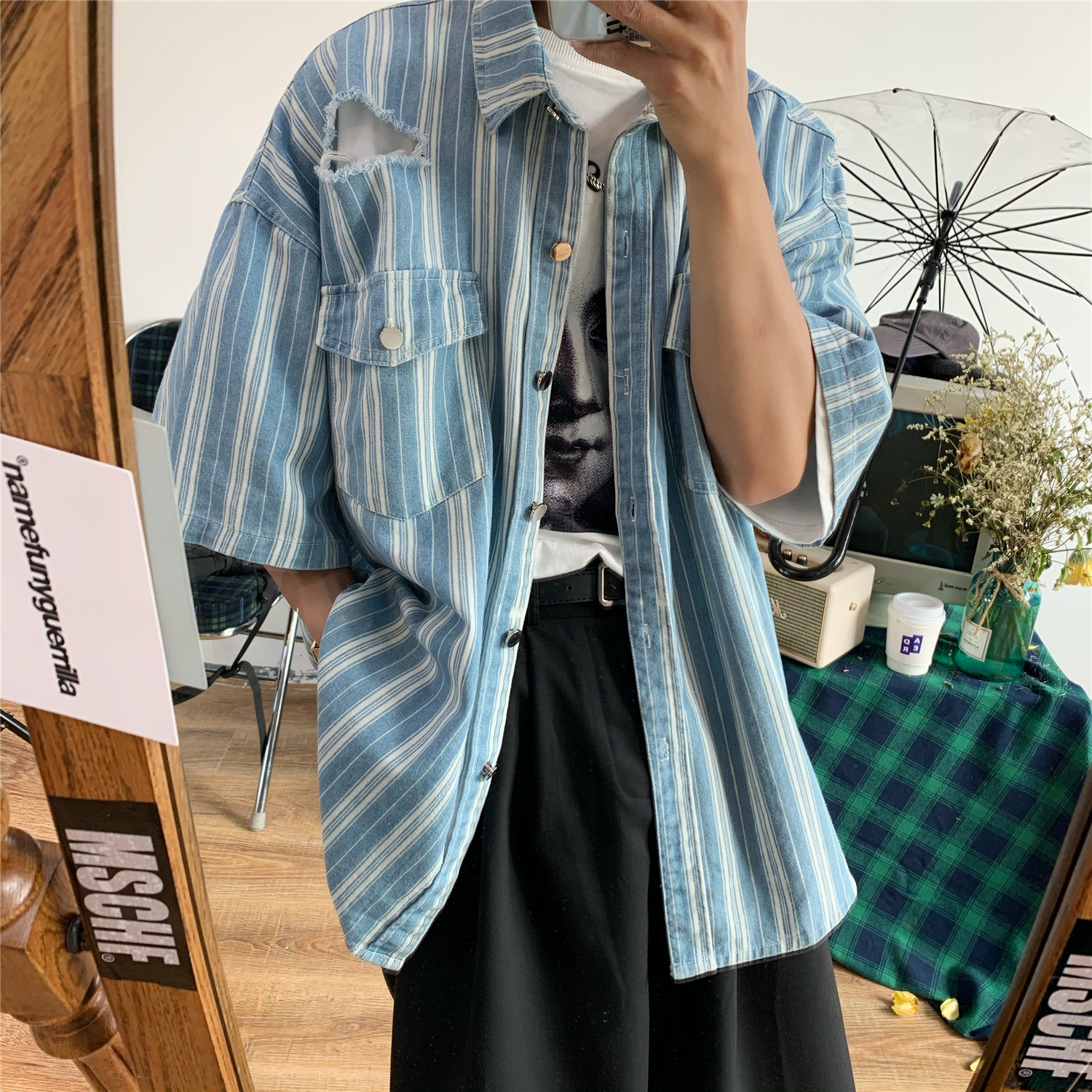 Retro Striped Denim Top - Handmade Loose Fit Shirt with Ripped Short Sleeves, Summer Hong Kong Style, Trendy 90s Vibe
