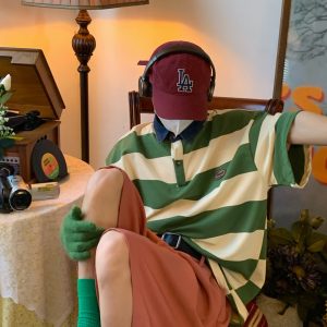 Retro Striped Polo Shirt with Denim Collar - Loose Fit, Short Sleeve, Versatile College Style, Trendy 90s-Inspired Top