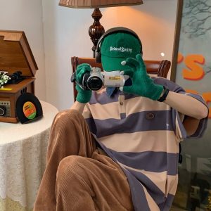 Retro Striped Polo Shirt with Denim Collar - Loose Fit, Short Sleeve, Versatile College Style, Trendy 90s-Inspired Top