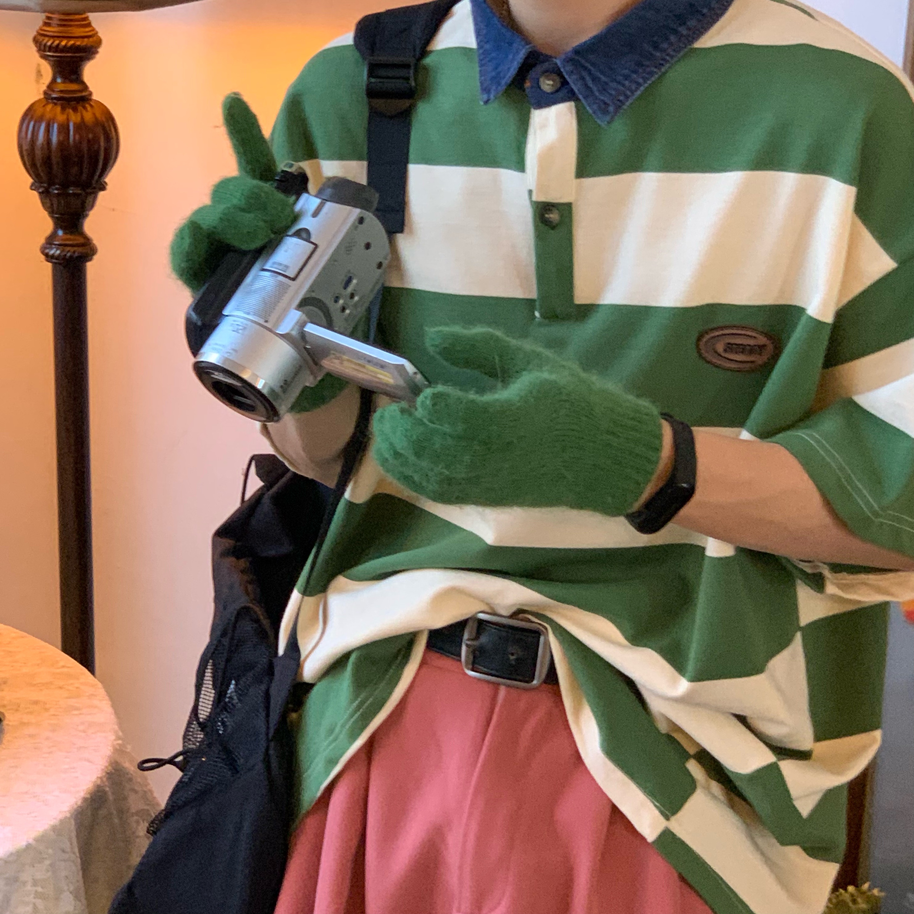 Retro Striped Polo Shirt with Denim Collar - Loose Fit, Short Sleeve, Versatile College Style, Trendy 90s-Inspired Top