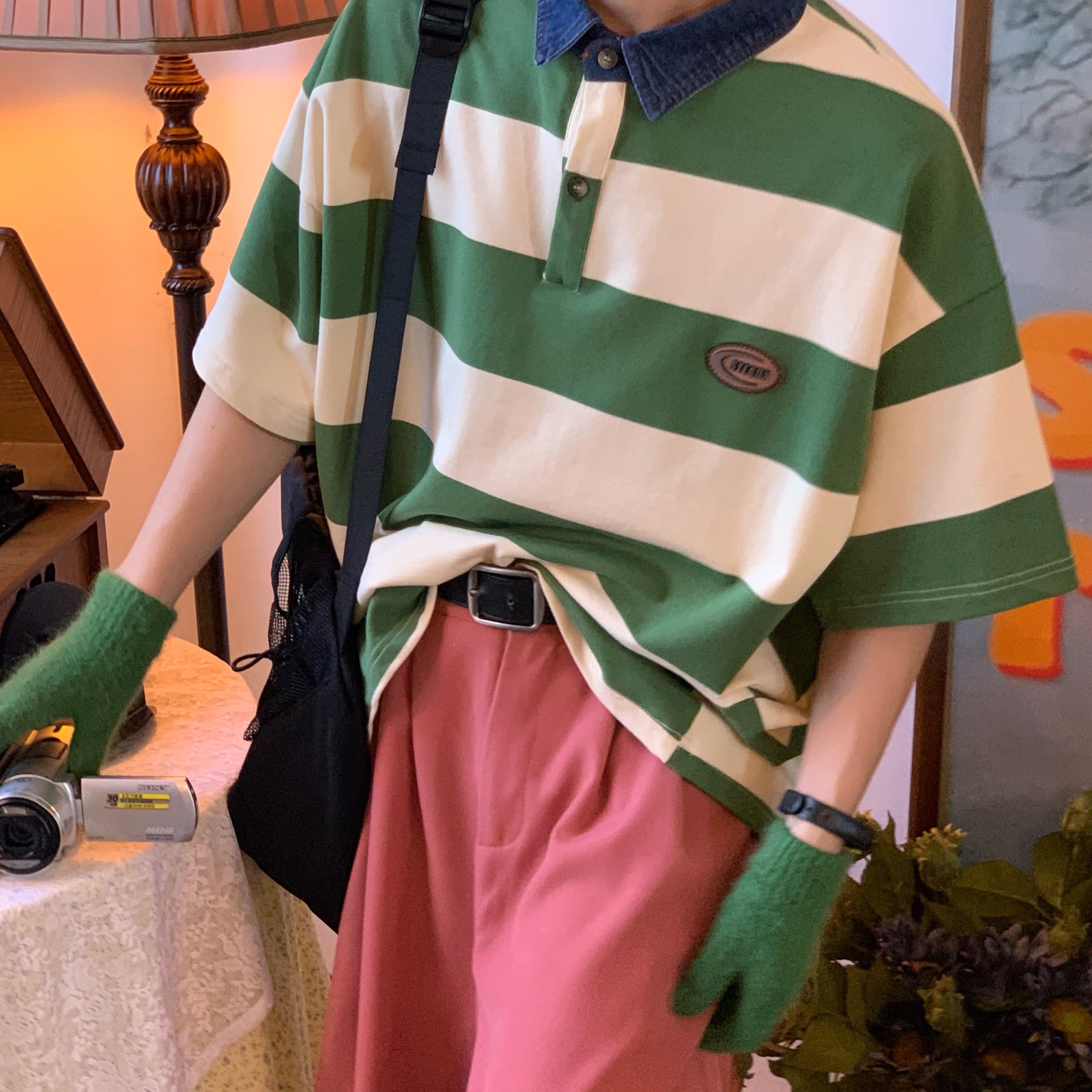 Retro Striped Polo Shirt with Denim Collar - Loose Fit, Short Sleeve, Versatile College Style, Trendy 90s-Inspired Top